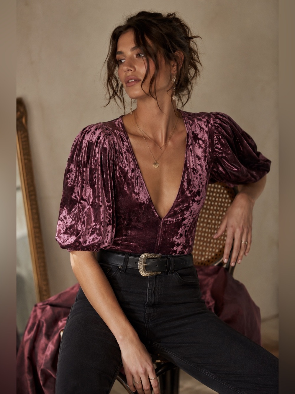 Free People Mauve Velvet Puff Sleeve Bodysuit Boho Glam Festival Party Medium